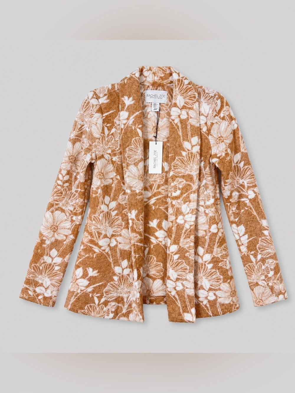 Rachel Zoe Jacket Small Tan White Floral Fuzzy Open Front Jacket Long Length New